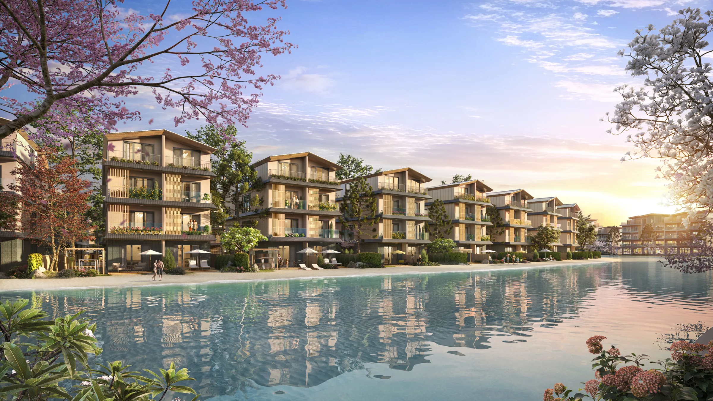 Hoa anh đào ven hồ khu Miyabi, công viên Nhật Bản Vinhomes Vũ Yên