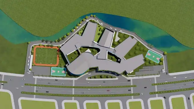 Phối cảnh mặt bằng trường học Vinschool với sân bóng, đường chạy và sân bóng rổ